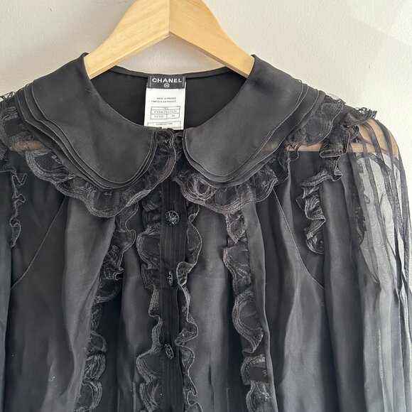 CHANEL BLACK SILK RUFFLE BLOUSE - Picture 5 of 15